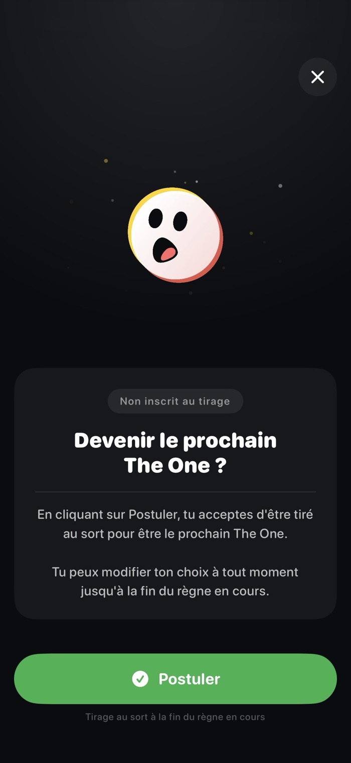 Écran de candidature TheOne : postuler pour être tiré au sort comme prochain The One